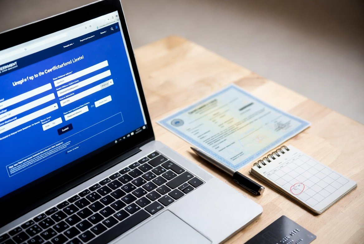 Laptop showing TDLR license renewal portal with certificate and calendar