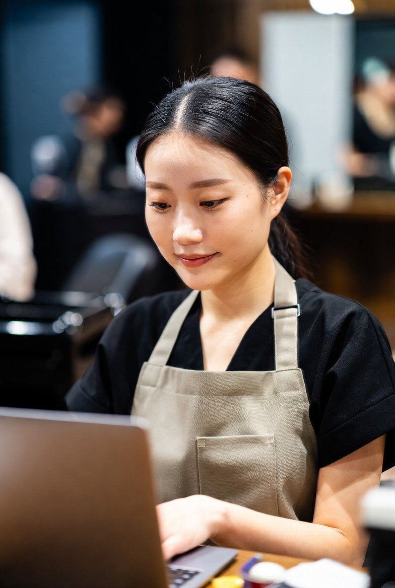 Cosmetologist sitting at desk working on laptop