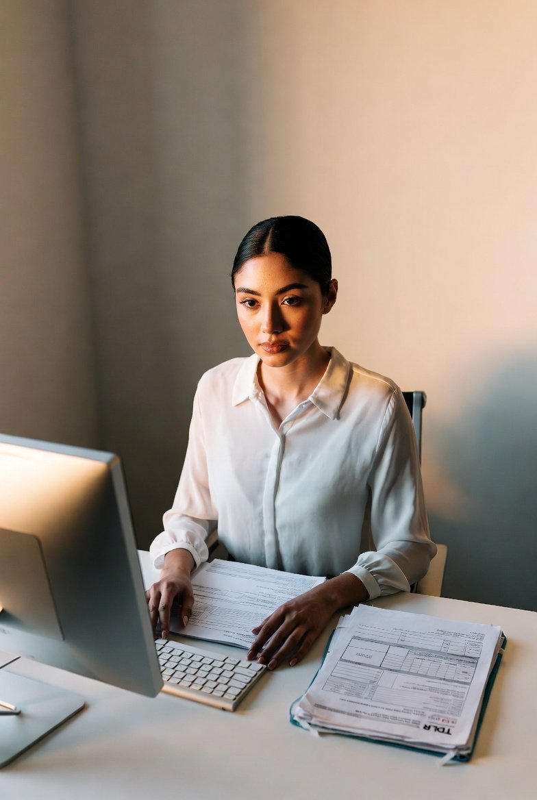 A confident young Latina woman reviewing TDLR esthetician license application paperwork at a clean desk