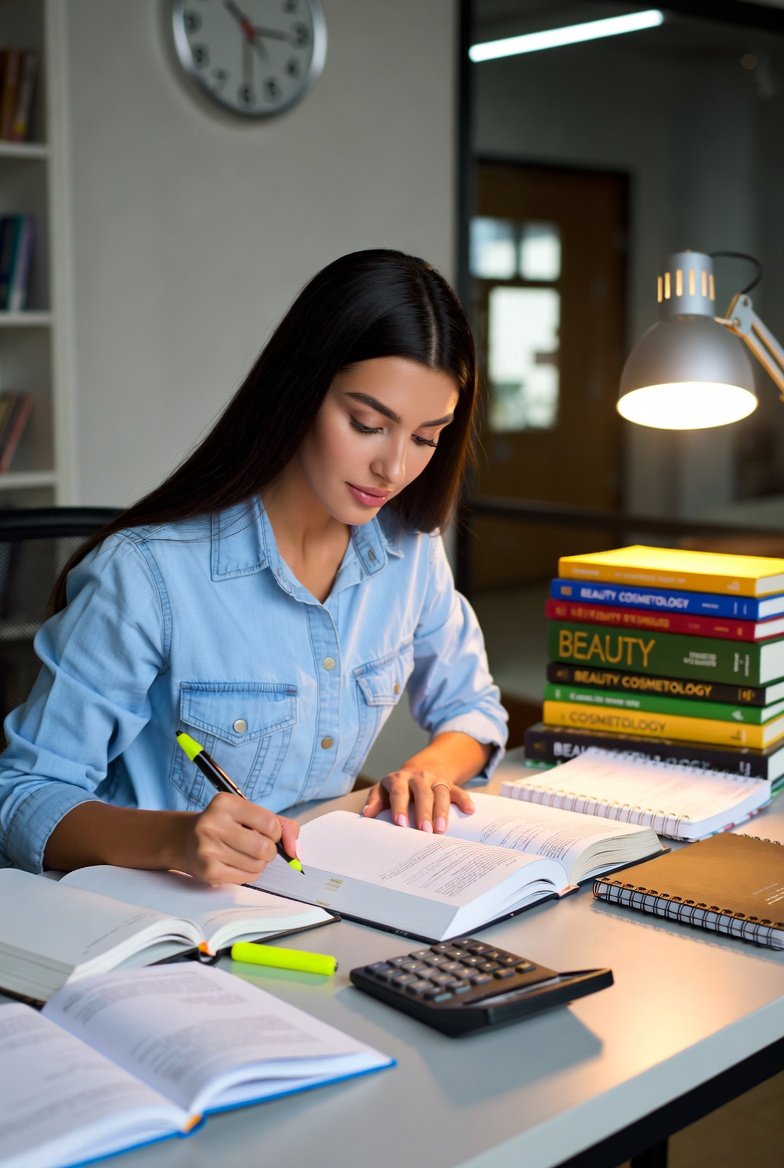 A cosmetology student at her study desk reviewing Texas licensing hour requirements