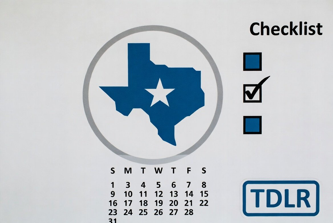 Texas state outline, calendar, checklist and TDLR badge flat-lay