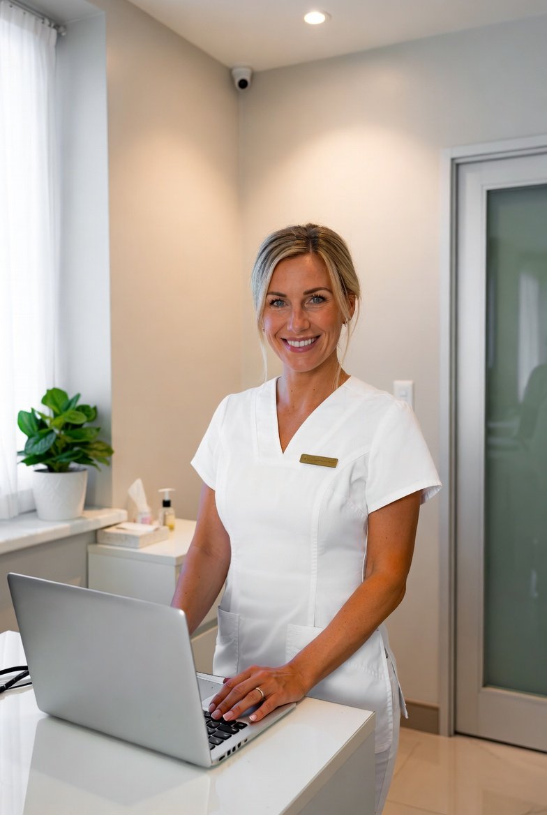 Professional female esthetician in white uniform at treatment room desk