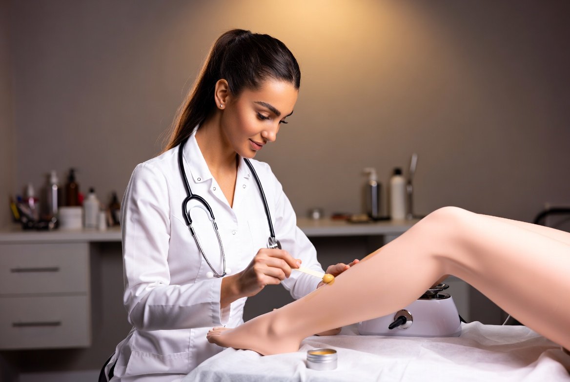 Student in cosmetology school practicing waxing techniques