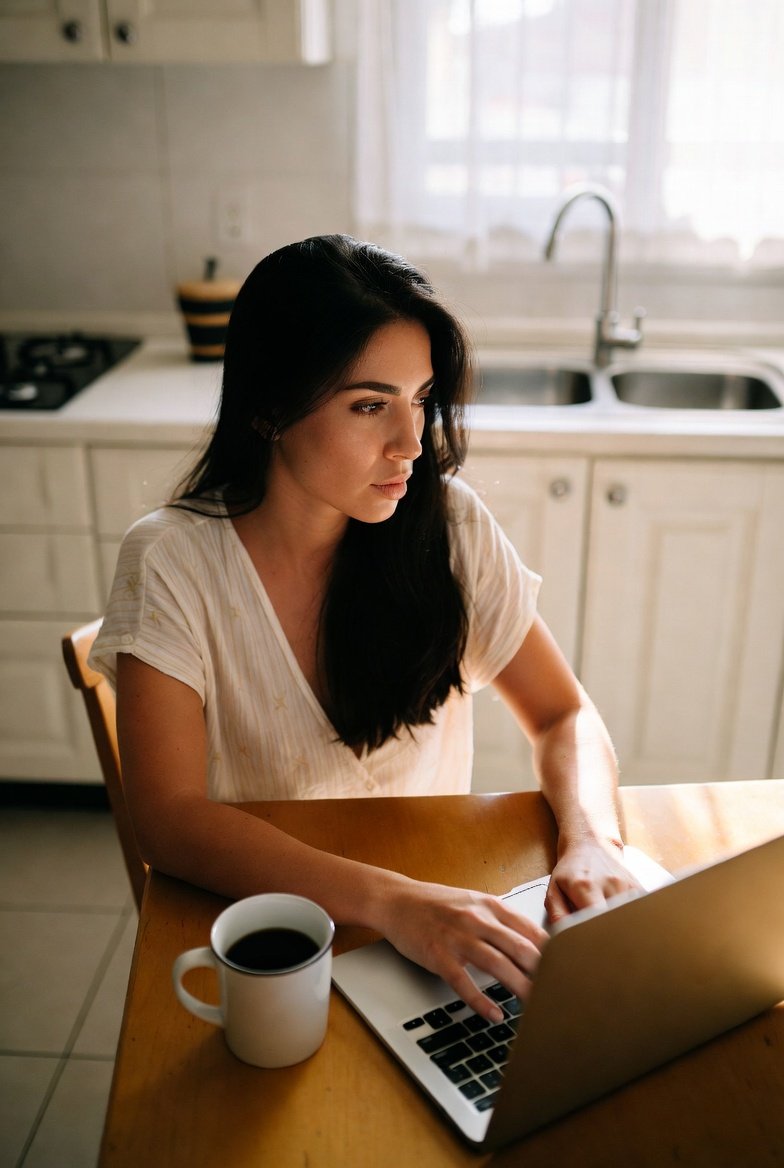 Woman completing an online CE course at her kitchen table