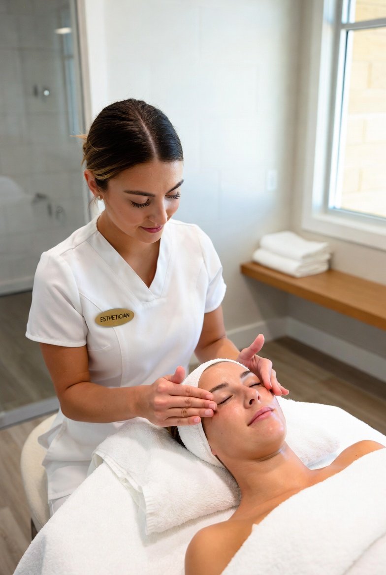 A young woman in a white esthetician uniform performing a facial treatment in a modern Texas spa