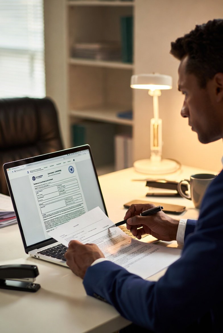 Professional reviewing TDLR licensing paperwork at a desk with a laptop
