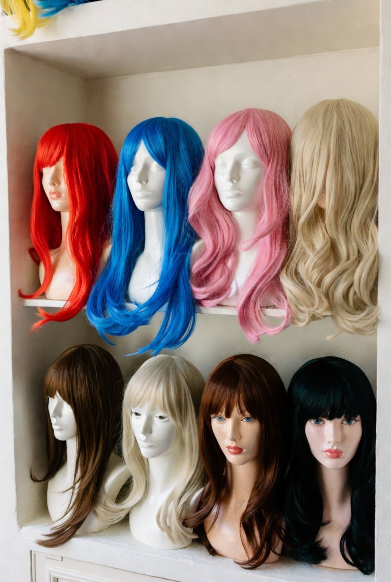 Colorful wigs displayed in a Texas salon