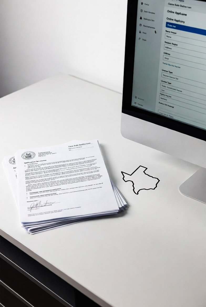 Flat lay of Texas salon licensing documents and application on a desk