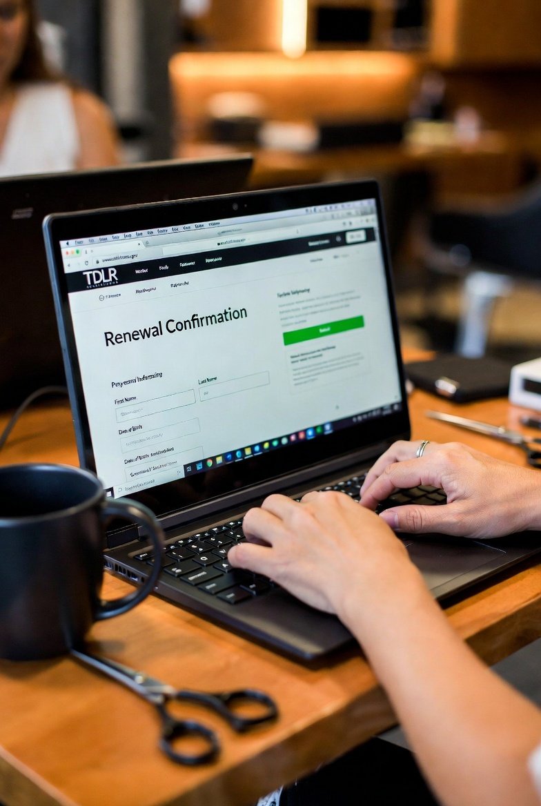 Hands renewing TDLR license on laptop in salon