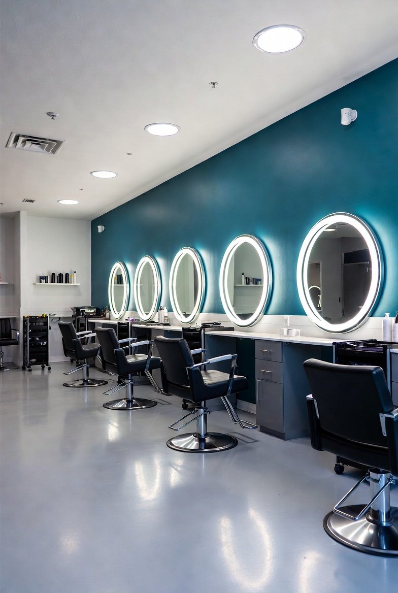 Modern Texas beauty salon interior with teal and white styling stations