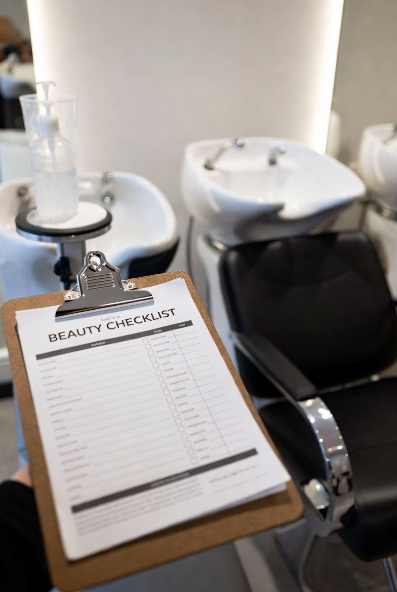 Salon setup checklist with styling chair and shampoo bowl in background
