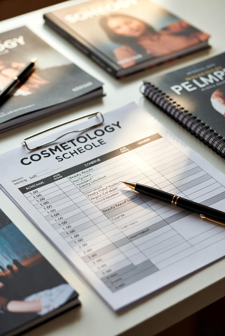 A Texas cosmetology school schedule and curriculum sheet showing required hours