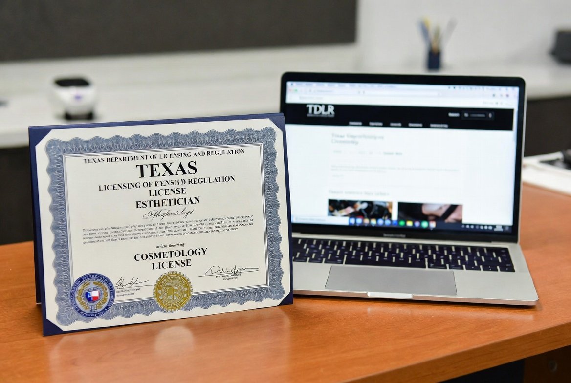 Official Texas cosmetology esthetician license certificate on desk