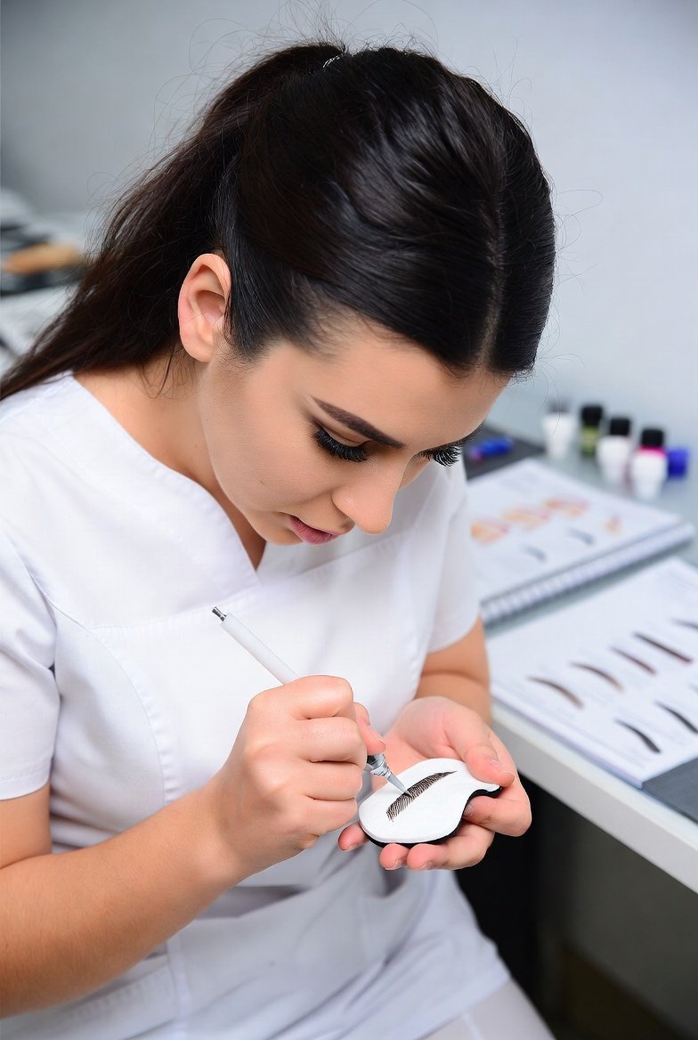 A student practicing microblading strokes during a Texas body art training session.