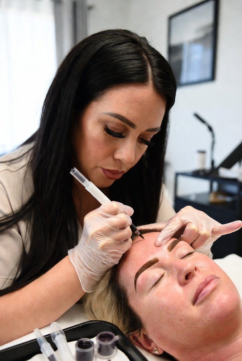 A licensed microblading artist performing an eyebrow treatment on a client in a Texas esthetics studio.