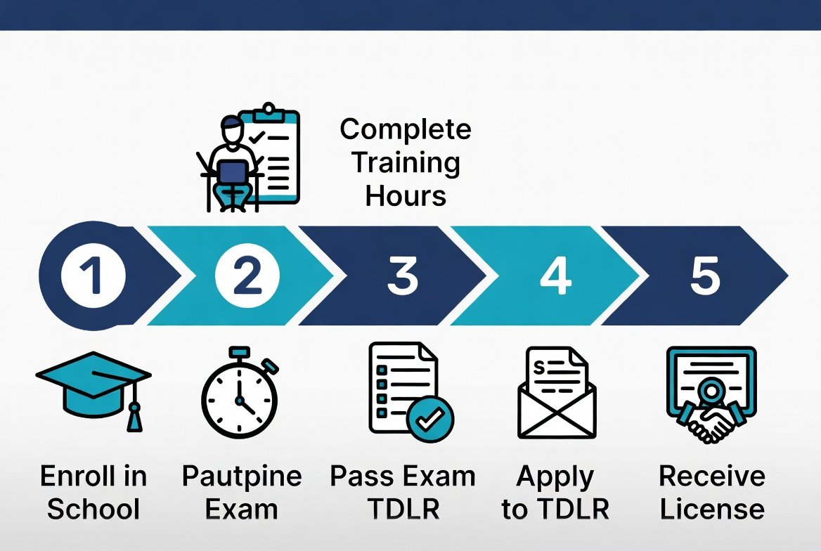 Infographic showing the steps to get a Texas shampoo license