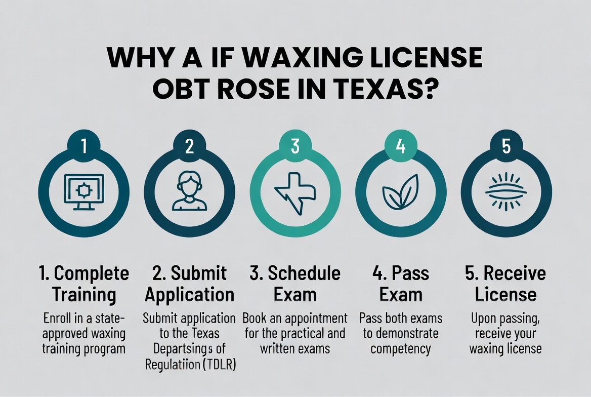 Infographic showing 5 sequential steps to get a waxing license in Texas