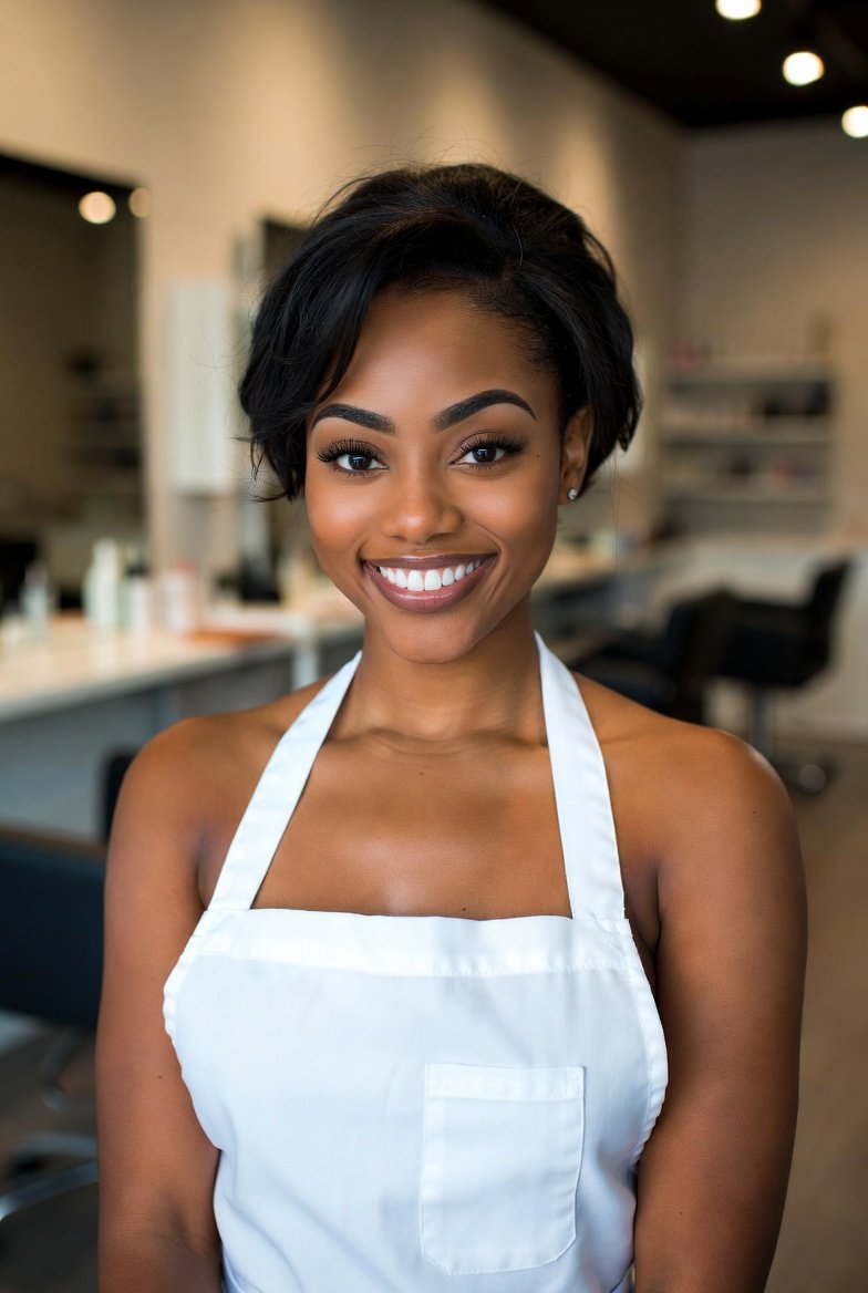 Licensed cosmetologist in a white apron smiling confidently