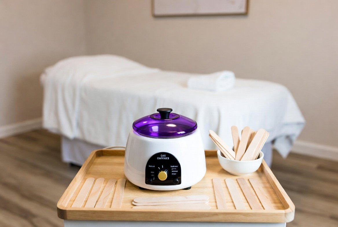 Modern Texas esthetician treatment room with wax warmer and white treatment bed