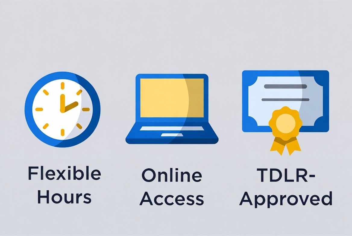 Flexible hours, online access, TDLR-approved certificate infographic