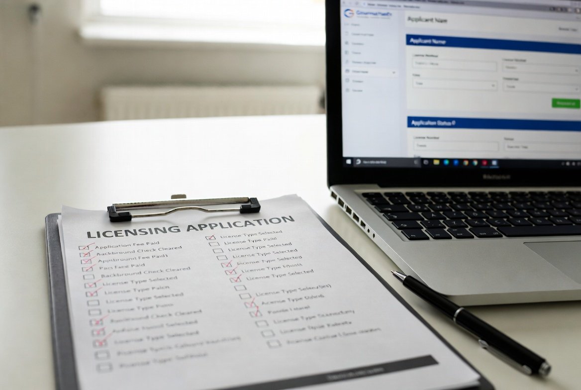 Licensing application checklist on a clipboard