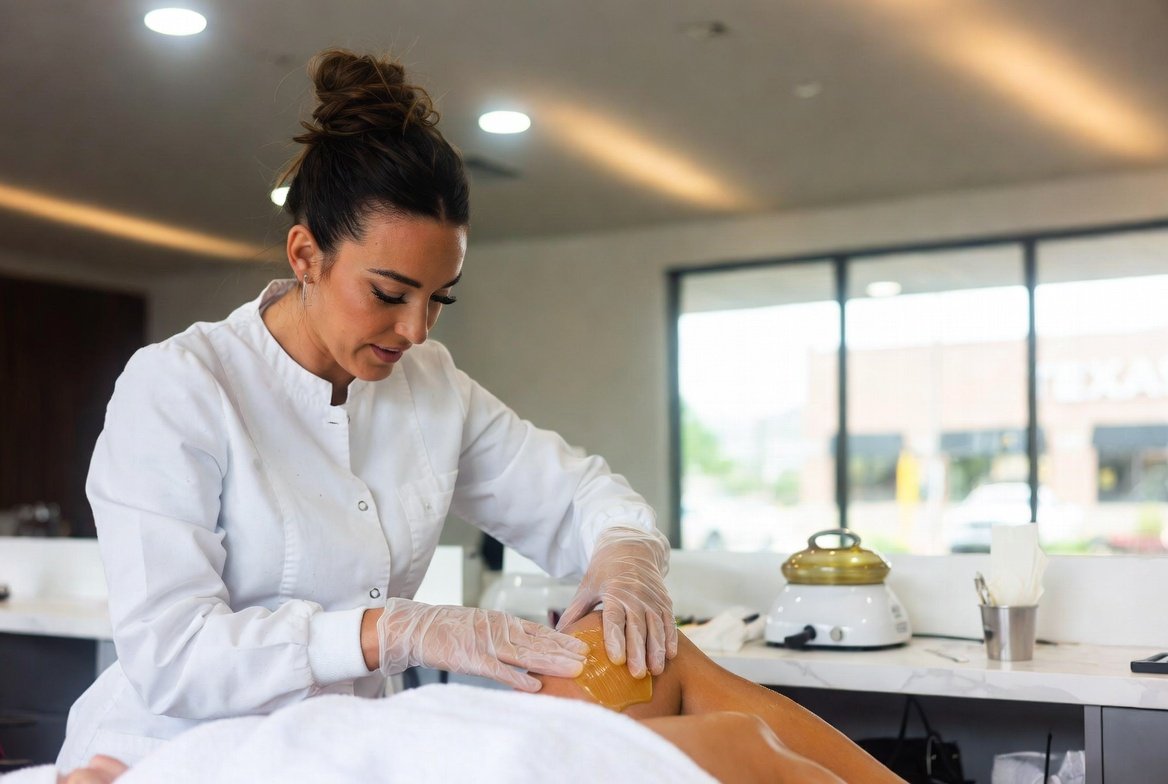 Professional esthetician performing an eyebrow waxing service in a modern Texas salon