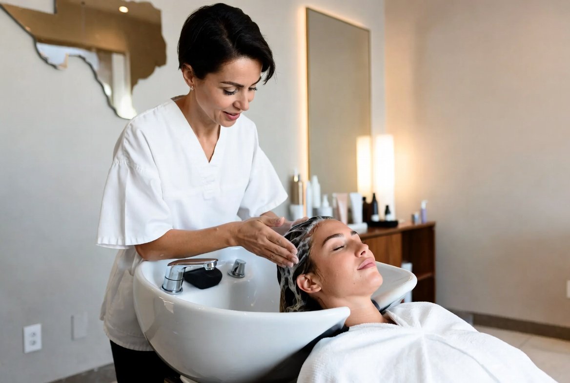 Professional shampoo technician washing a client's hair at a Texas salon