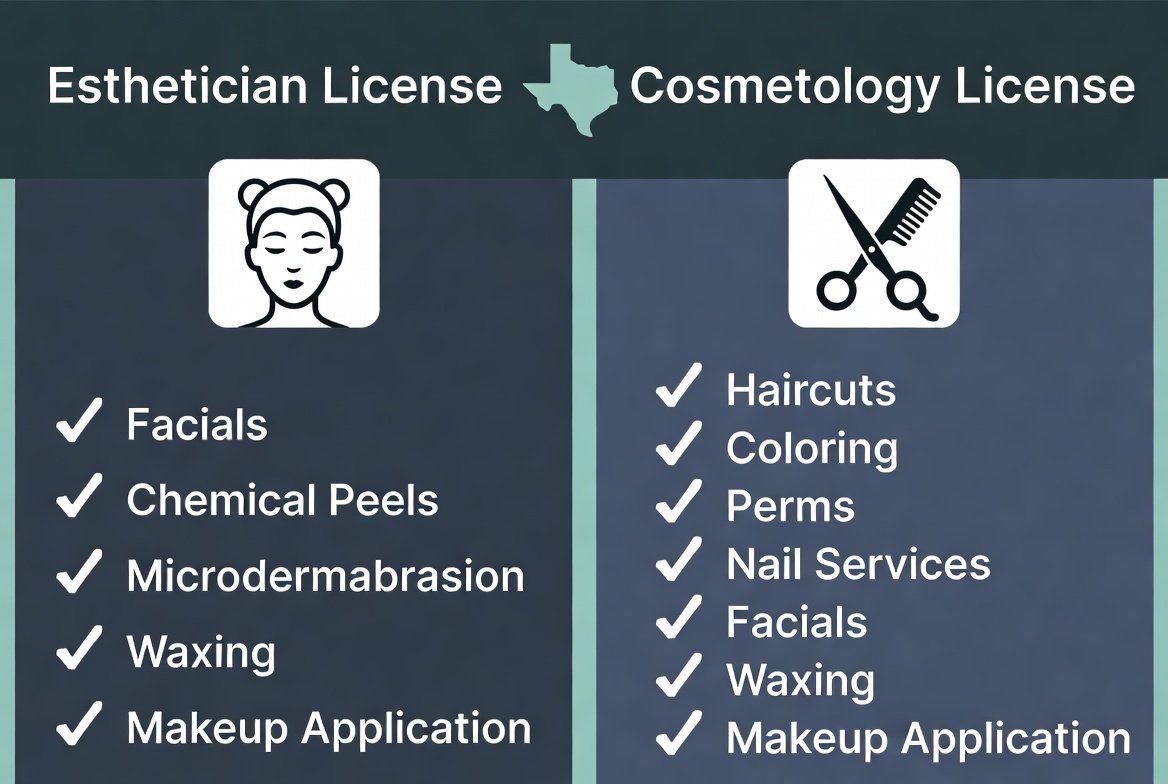 Side-by-side comparison of Texas Esthetician License vs Cosmetology License showing services each allows