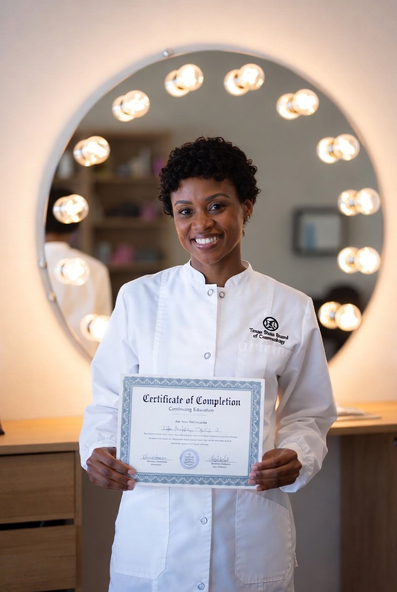 Texas cosmetologist holding CE completion certificate after completing cosmetology continuing education in Texas