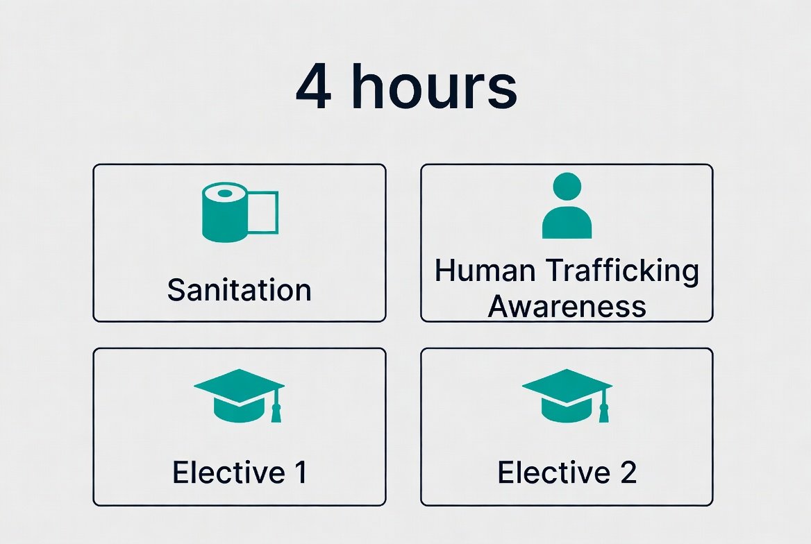 Flat-lay graphic showing the 4-hour cosmetology continuing education in Texas structure with sanitation, human trafficking, and elective hours