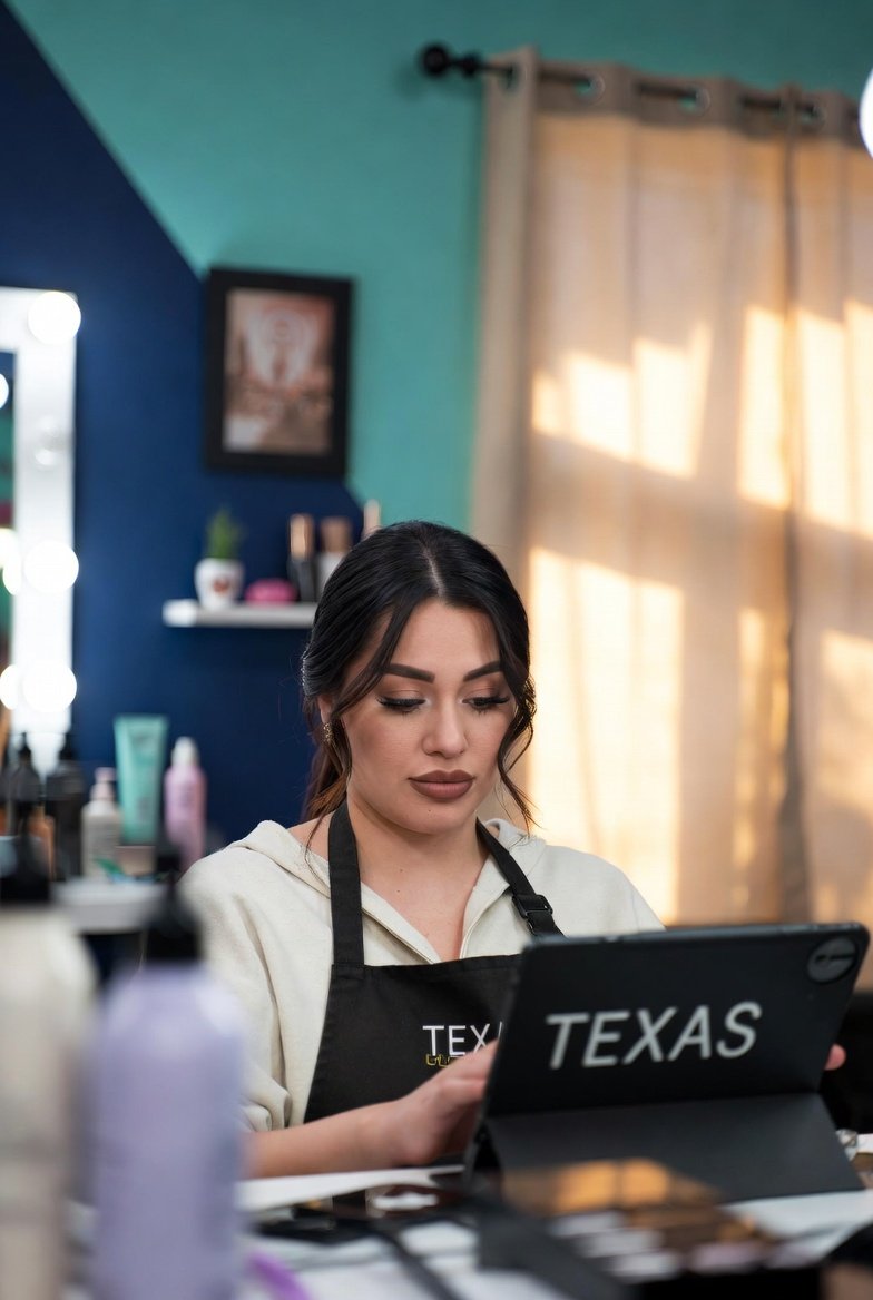 cosmetology continuing education in Texas -- Texas cosmetologist reviewing CE course on laptop in salon