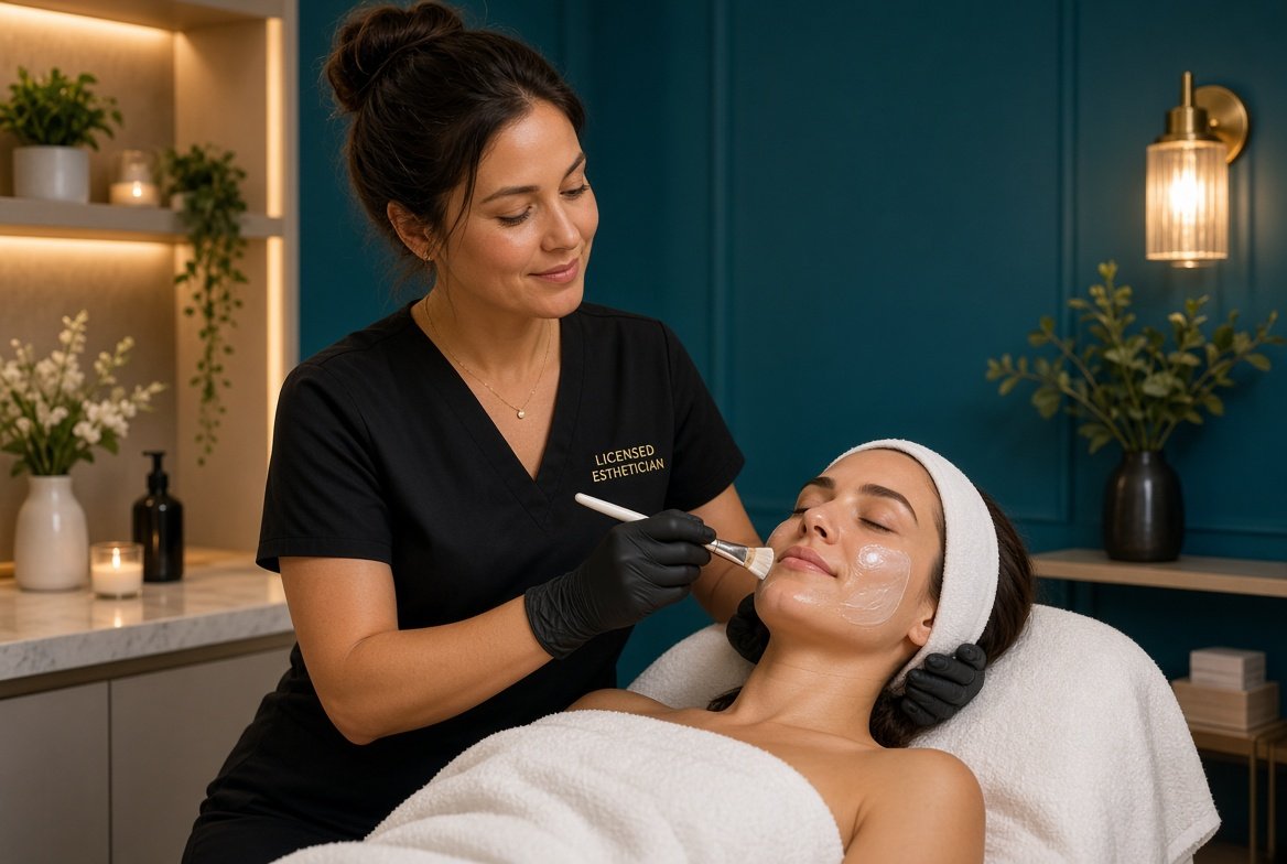 Licensed Texas esthetician performing a facial in a spa