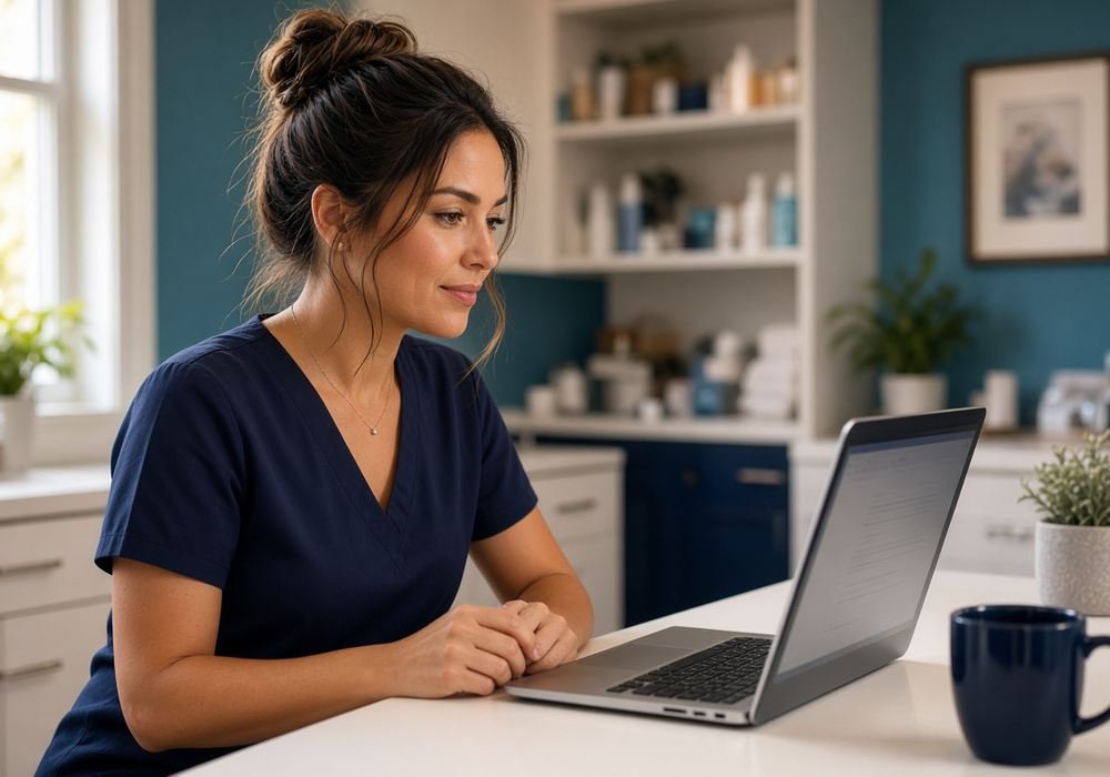 Texas cosmetologist completing TDLR-approved Texas cosmetology CE hours online