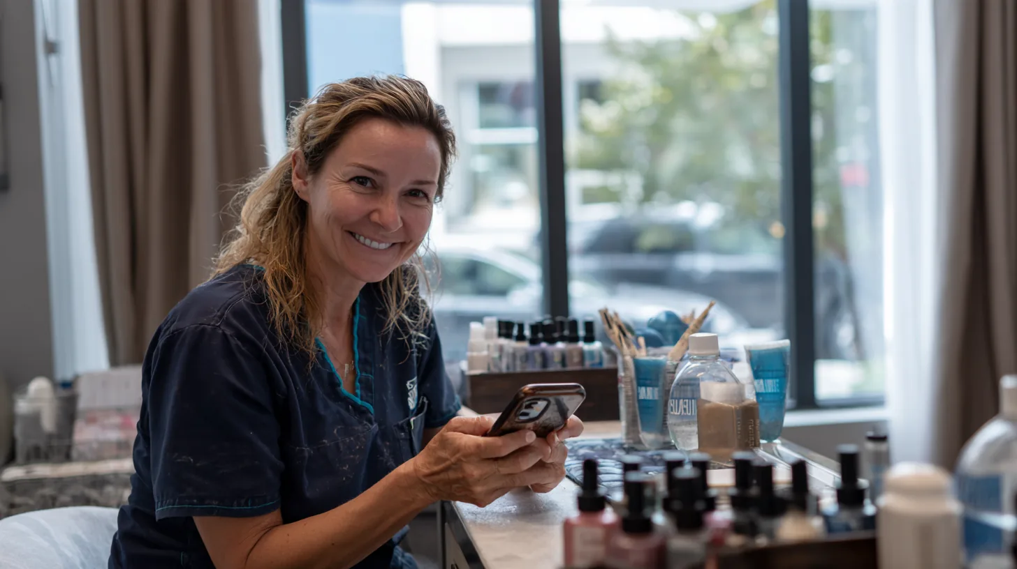 Texas manicurist finishing 4 hour continuing education cosmetology Texas on a phone